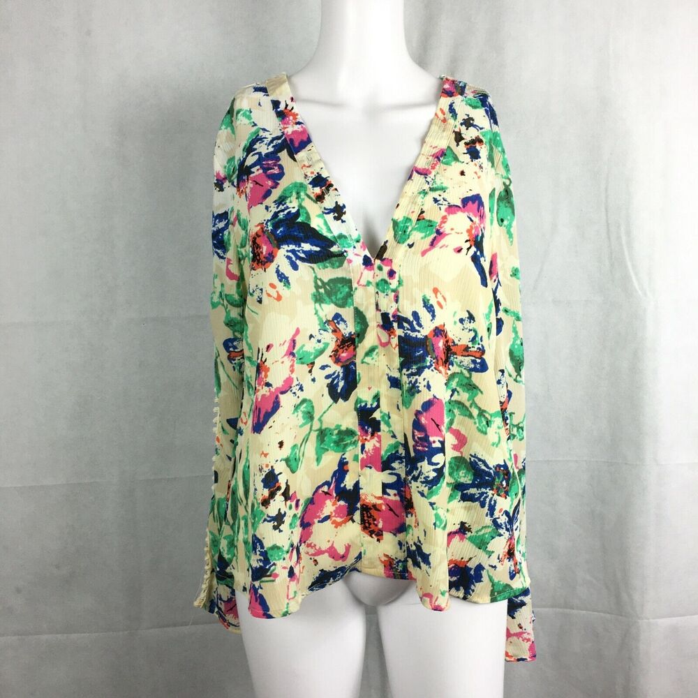 Smell The Roses Shirt Womens Sz S Tan Floral Flowy V-Neck Long Sleeve Blouse